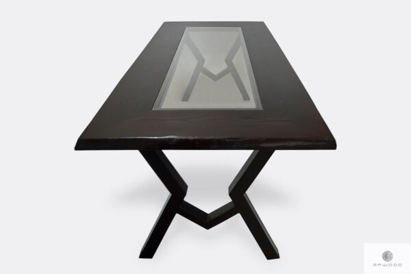 Drewniany stół ze szklanym blatem metalowymi nogami do jadalni OLBERO