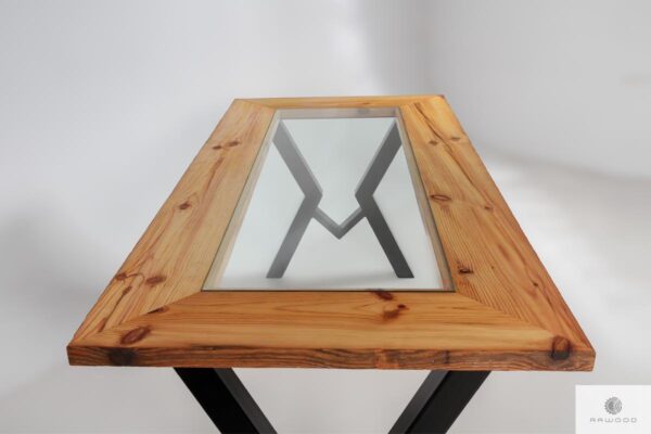 Stół z blatem z litego drewna ze szkłem na metalowych nogach do jadalni OLBERO
