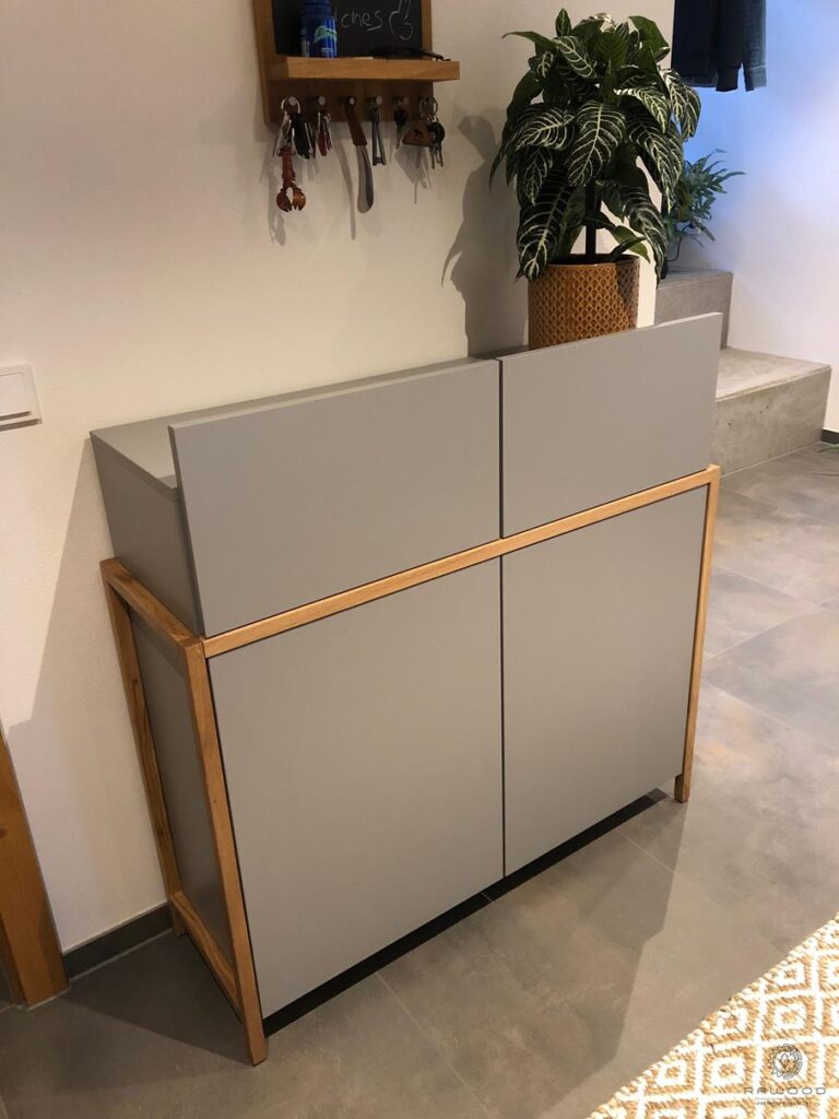 Designerska komoda nowoczesna szara z szufladami do salonu sypialni BOSTON, płyta laminowana - szara, dąb - naturalny