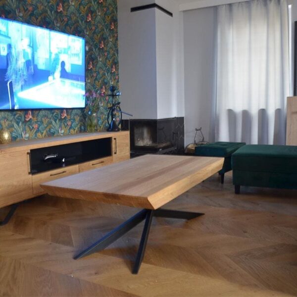 Szafka RTV dębowa w industrialnym stylu JORGEN i stolik kawowy dębowy industrialny DEVON