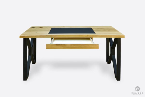 Designerskie biurko z drewna litego i metalu z szufladą do pokoju GORAN