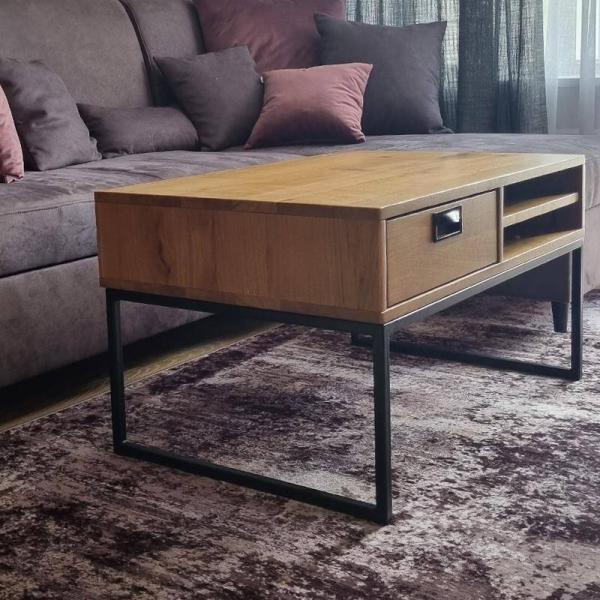 Stolik kawowy dębowy w stylu industrialnym loft z szufladą do salonu RaWood